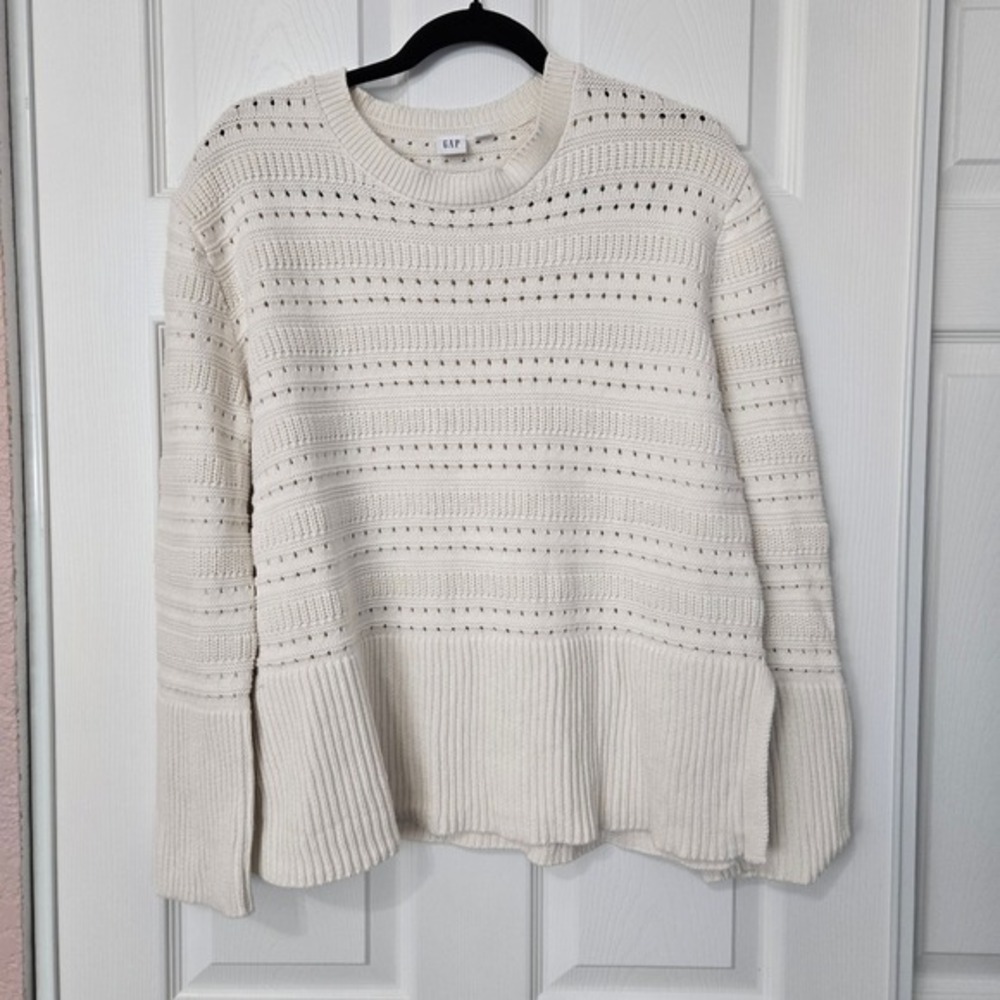 GAP Womens‎ Cream White Cotton Pointelle Knit Sweater Crew Neck Side Slit Small